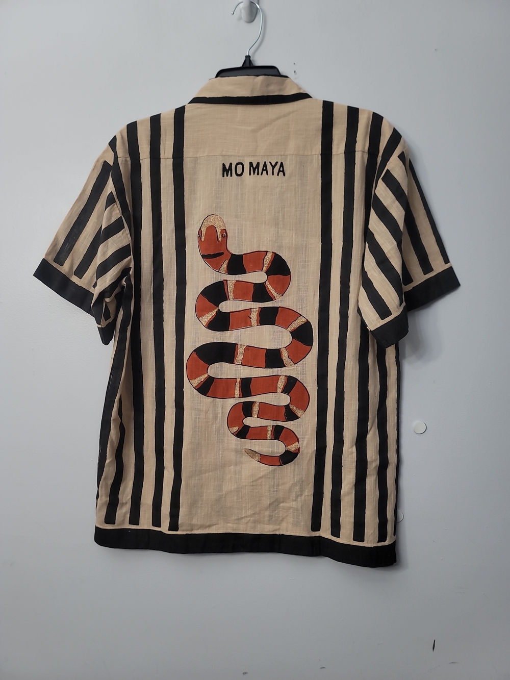 Mo Maya Striped Button-Up Shirt with Snake Graphic - Beige & Black